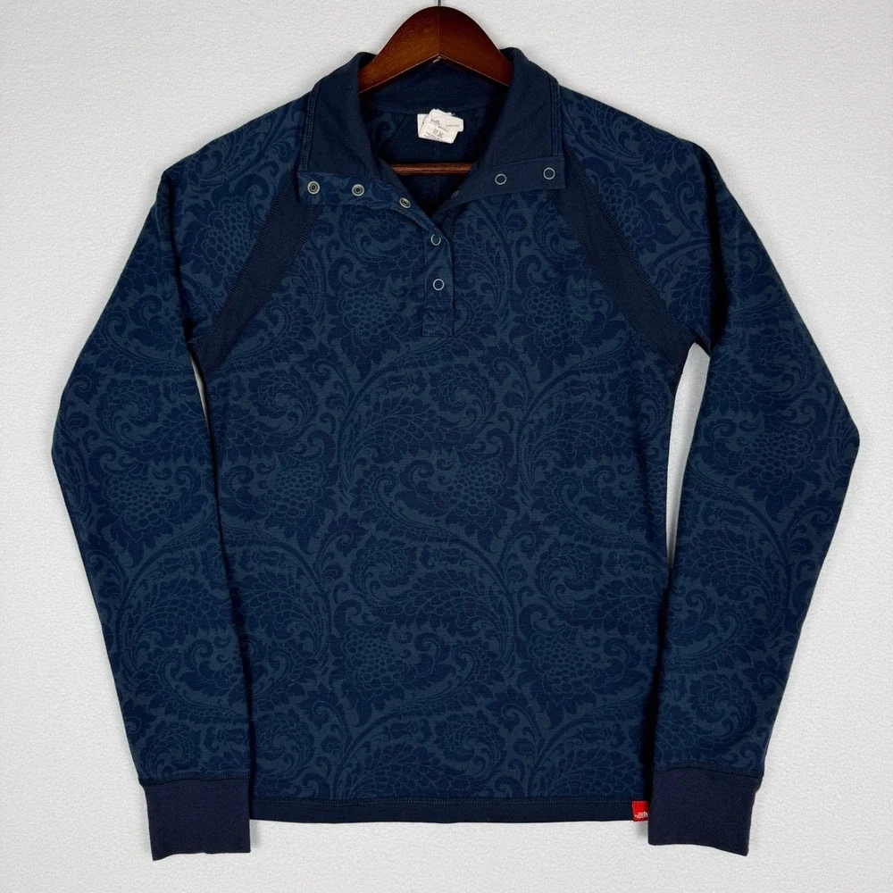 The North Face Wool Blend Pullover Womens M Blue Floral‎ 1/4 Snap Lightweight - Picture 2 of 9